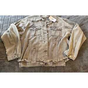 POL  Denim Distressed Jacket Boho Chic Cottagecore Oversized Lg Nwt